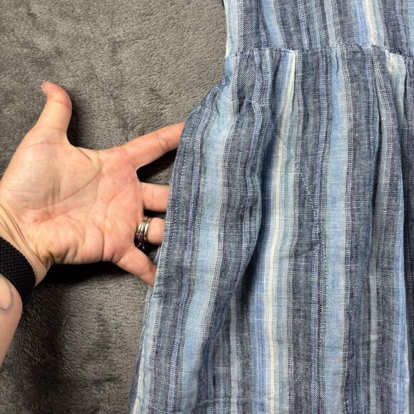 Lands' End Women Linen Sweetheart Button Front Midi Dress Blue Stripe Large G273 - Picture 3 of 11